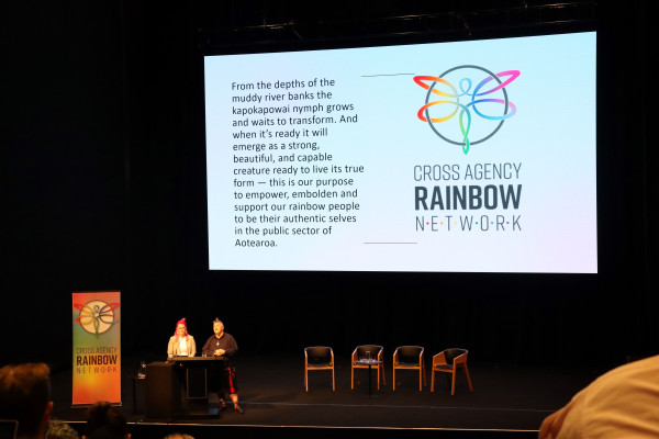 Bridget Murdoch on stage with Theresa Peters